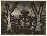 Artist: Bowen, Dean. | Title: (Alarm clock between two trees) | Date: 1992 | Technique: etching, printed in black ink, from one plate