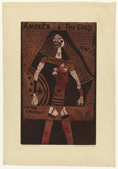 Artist: HANRAHAN, Barbara | Title: America the good | Date: 1964 | Technique: etching, printed in colour from two plates Artist: HANRAHAN, Barbara | Title: America the good | Date: 1964 | Technique: etching, printed in colour from two plates