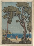 Artist: LINDSAY, Lionel | Title: Beach scene with figures | Date: c.1917 | Technique: etching, printed in black ink, from one plate; over woodcut, printed in colour, from multiple blocks | Copyright: Courtesy of the National Library of Australia