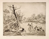 Artist: LINDSAY, Lionel | Title: Fording the Snowy | Date: 1940s | Technique: etching, printed in black ink, from one plate | Copyright: Courtesy of the National Library of Australia