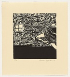 Artist: Paijmans, Anneke. | Title: not titled [arch-backed figure against wallpaper pattern] | Date: 1981 | Technique: linocut, printed in black ink, from one block