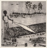 Artist: Nannup, Laurel. | Title: First he would fell a tree | Date: 2001 | Technique: etching and sugarlift, printed in black ink, from one plate | Copyright: © Laurel Nannup