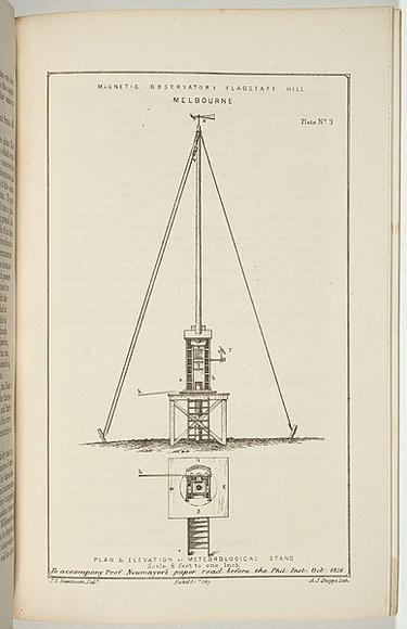 Title: Magnetic observatory Flagstaff Hill, Melbourne, plan and elevation of meteorological stand. | Date: 1858-1859 | Technique: lithograph, printed in black ink, from one stone