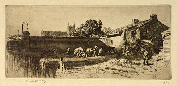 Artist: LINDSAY, Lionel | Title: Demolition of the Girls' High School, Sydney. | Date: 1924 | Technique: etching and aquatint, printed in brown ink with plate-tone, from one plate | Copyright: Courtesy of the National Library of Australia