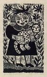 Artist: HANRAHAN, Barbara | Title: Girl, cat, bird | Date: 1989 | Technique: wood-engraving, printed in black ink, from one block
