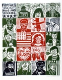Artist: HANRAHAN, Barbara | Title: Buddy Holly and the Mods and Rockers | Date: 1965 | Technique: linocut, printed in colour from two blocks, each approx. 10.two cm each separately inked and place in a grid before printing