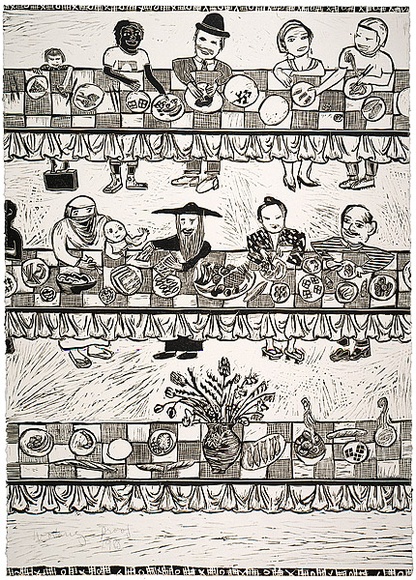 Artist: Moore, Mary. | Title: Living in a Multicultural world | Date: 1985 | Technique: linocut, printed in black ink, from one block | Copyright: © Mary Moore