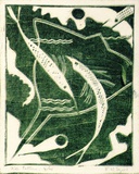 Artist: Syme, Eveline | Title: Fish pattern | Date: 1958 | Technique: linocut, printed in colour, from one block (emerald and dark blue)