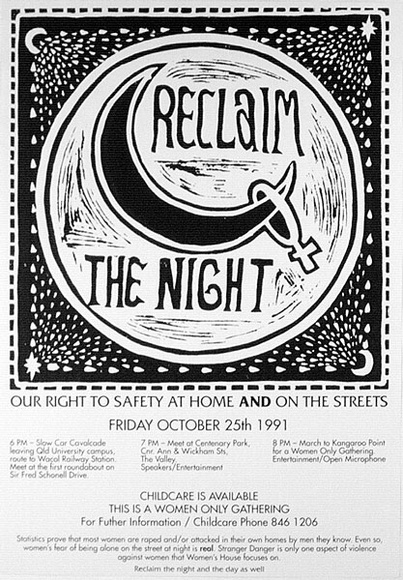 Artist: ACCESS 12 | Title: Reclaim the night | Date: 1992, October | Technique: screenprint, printed in black ink, from one stencil; original image linoblock
