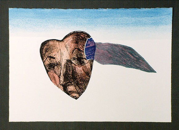 Artist: OPPEN, Monica | Title: (Face in heart). | Date: 1992 | Technique: etching, photo-etching and roulette printed in colour with watercolour Artist: OPPEN, Monica | Title: (Face in heart). | Date: 1992 | Technique: etching, photo-etching and roulette printed in colour with watercolour