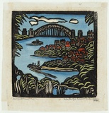 Artist: PRESTON, Margaret | Title: Sydney Bridge | Date: 1944 | Technique: woodcut, printed in black ink, from one block; hand-coloured | Copyright: © Margaret Preston. Licensed by VISCOPY, Australia