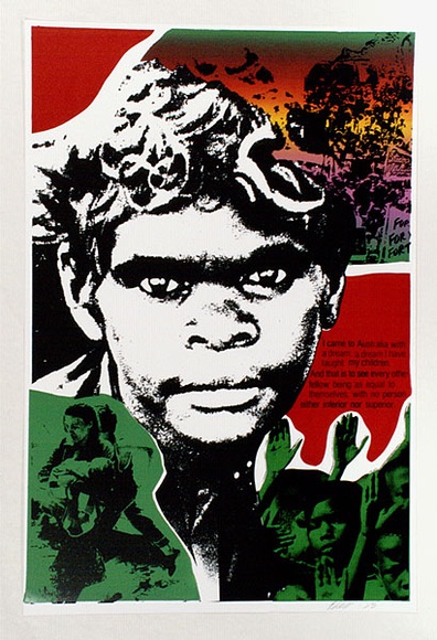 Artist: HILL, Eugenia | Title: Racism, a pillar of War 1 | Date: 1986 | Technique: screenprint, printed in colour, from multiple stencils Artist: HILL, Eugenia | Title: Racism, a pillar of War 1 | Date: 1986 | Technique: screenprint, printed in colour, from multiple stencils