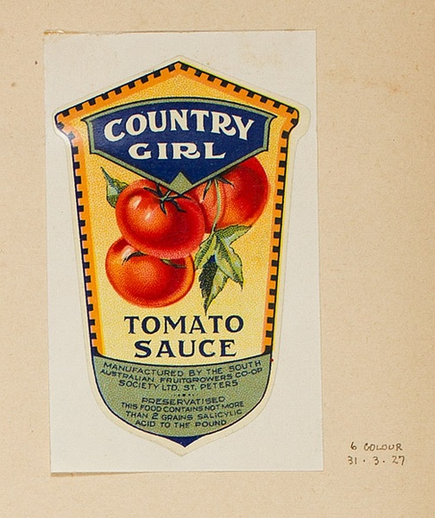 Artist: Burdett, Frank. | Title: Label: Country Girl, tomato sauce. | Date: 1927 | Technique: lithograph, printed in colour, from multiple stones [or plates]