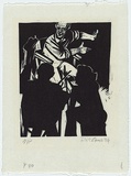 Artist: AMOR, Rick | Title: [telling stories around a campfire] | Date: 1984 | Technique: linocut, printed in black ink, from one plate | Copyright: © Rick Amor. Licensed by VISCOPY, Australia.