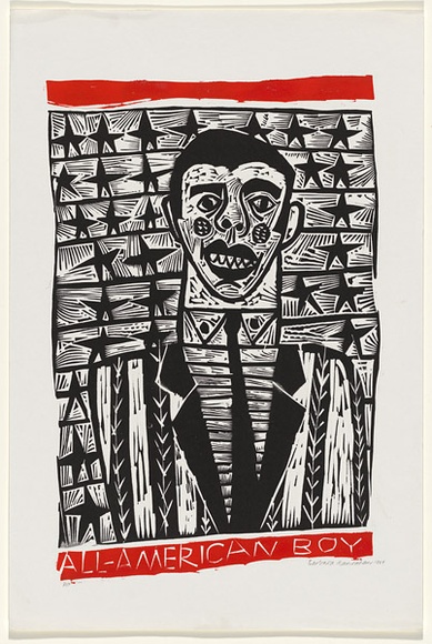Artist: HANRAHAN, Barbara | Title: All-American boy | Date: 1963 | Technique: linocut, printed in colour, from three blocks Artist: HANRAHAN, Barbara | Title: All-American boy | Date: 1963 | Technique: linocut, printed in colour, from three blocks