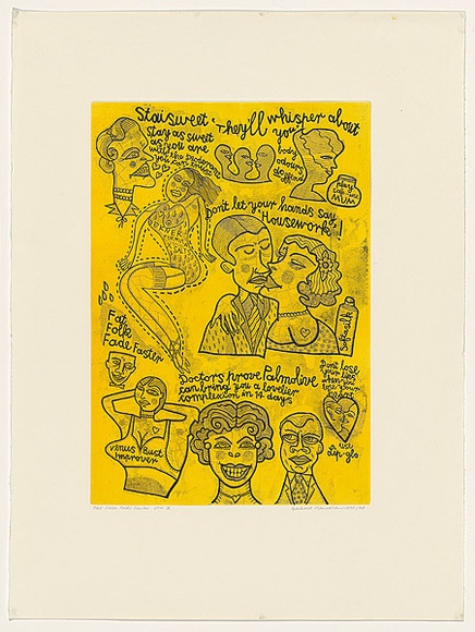 Artist: HANRAHAN, Barbara | Title: Fat folk fade faster | Date: 1985 - 89 | Technique: etching, printed in colour in intaglio and relief, from two plates Artist: HANRAHAN, Barbara | Title: Fat folk fade faster | Date: 1985 - 89 | Technique: etching, printed in colour in intaglio and relief, from two plates