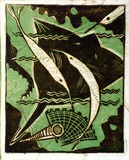 Artist: Syme, Eveline | Title: Fish pattern | Date: 1958 | Technique: linocut, printed in colour, from two blocks (emerald green, brown)