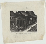 Artist: Buzacott, Nutter. | Title: West Melbourne street scene. | Date: 1938 | Technique: wood-engraving, printed in black ink, from one block