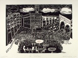 Artist: Moore, Mary. | Title: On vacation: On location | Date: 1985 | Technique: linocut printed in black ink, from one block with rubber stamps printed in red | Copyright: © Mary Moore