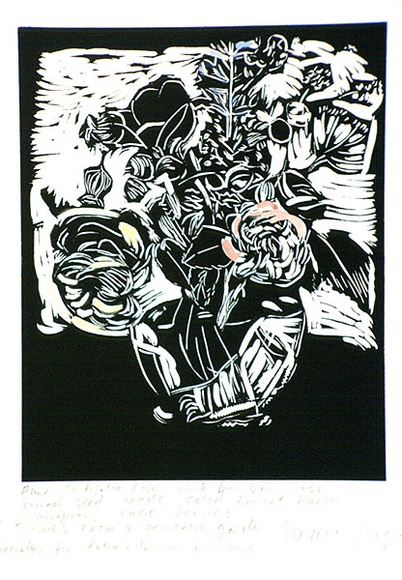 Artist: Moore, Mary. | Title: Flowers from a Georgious garden | Date: 1989 | Technique: linocut, printed in black ink, from one block, hand-coloured | Copyright: © Mary Moore
