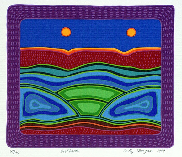Artist: MORGAN, Sally | Title: Outback | Date: 1989 | Technique: screenprint, printed in colour, from multiple stencils Artist: MORGAN, Sally | Title: Outback | Date: 1989 | Technique: screenprint, printed in colour, from multiple stencils