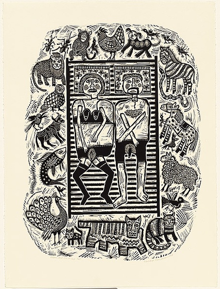 Artist: HANRAHAN, Barbara | Title: Adam and Eve in bed | Date: 1989 | Technique: linocut, printed in black ink, from one block