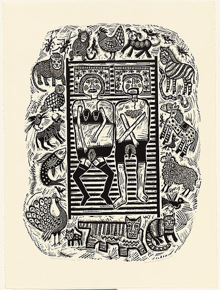 Artist: HANRAHAN, Barbara | Title: Adam and Eve in bed | Date: 1989 | Technique: linocut, printed in black ink, from one block Artist: HANRAHAN, Barbara | Title: Adam and Eve in bed | Date: 1989 | Technique: linocut, printed in black ink, from one block