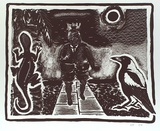 Artist: Francis, David. | Title: (Image from a Victorian Print Workshop poster; man with crown walking down a path with lizard on the left, magpie on the right and moon in the background) | Date: 1985 | Technique: lithograph, printed in black ink, from one stone