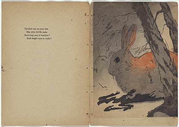 Artist: Rede, Geraldine. | Title: not titled [large rabbit with tree trunks] | Date: 1905 | Technique: woodcut, printed in colour in the Japanese manner, from multiple blocks