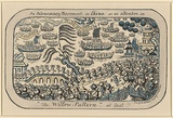 Artist: Cruikshank, George. | Title: An Extraordinary Movement in China or an alteration in The willow pattern - at last!. | Date: 1853 | Technique: etching, printed in black ink, from one steel plate; subsequently hand-coloured