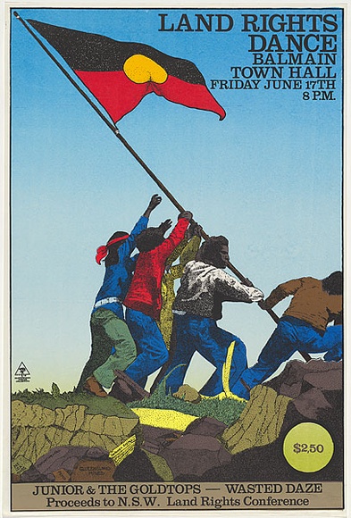 Artist: EARTHWORKS POSTER COLLECTIVE | Title: Land Rights dance. Balmain Town Hall | Date: 1977 | Technique: screenprint, printed in colour, from four stencils