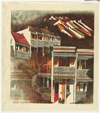 Artist: Thorpe, Lesbia. | Title: Victorian facade | Date: 1980 | Technique: woodcut, printed in colour, from four blocks