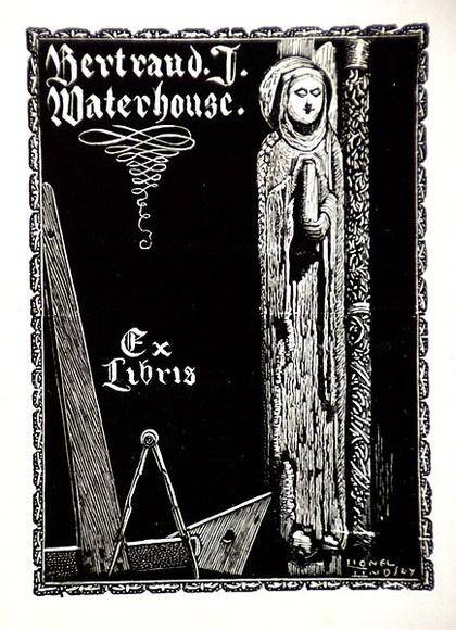 Artist: LINDSAY, Lionel | Title: Book plate: Bertrand J. Waterhouse | Date: 1940 | Technique: wood-engraving, printed in black ink, from one block | Copyright: Courtesy of the National Library of Australia