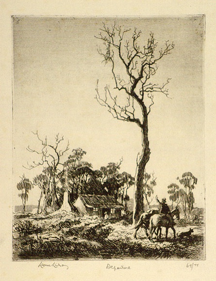 Artist: LINDSAY, Lionel | Title: Departure | Date: 1924 | Technique: etching and aquatint, printed in warm black ink with plate-tone, from one plate | Copyright: Courtesy of the National Library of Australia