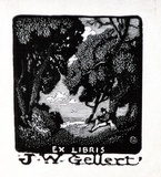 Artist: LINDSAY, Lionel | Title: Bookplate: J.W. Gellert | Date: 1923 | Technique: wood-engraving, printed in black ink, from one block | Copyright: Courtesy of the National Library of Australia