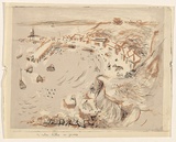 Artist: MACQUEEN, Mary | Title: Half-moon Bay | Date: 1957 | Technique: lithograph, printed in colour, from multiple plates; linocut, printed in grey ink, from one block | Copyright: Courtesy Paulette Calhoun, for the estate of Mary Macqueen