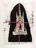 Artist: Moore, Mary. | Title: Albert's Memorial | Date: 1980 | Technique: aquatint, etching, engraving and burnishing printed in black ink, from one plate with air brushed coloured inks, pencil, pink pencil and collage of cotton ribbon | Copyright: © Mary Moore