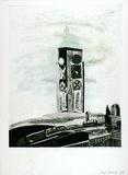 Artist: Moore, Mary. | Title: Oxo Tower, outside Blackfriars, London | Date: 1980, Feb-Mar | Technique: etching, aquatint and roulette printed in black ink, from one plate; lithograph, printed in colour, from two plates with pencil | Copyright: © Mary Moore