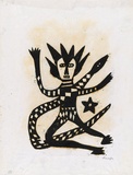 Artist: Kauage, Mathias. | Title: not titled [person, snake and star] | Date: 1969 | Technique: woodcut, printed in black ink, from one block