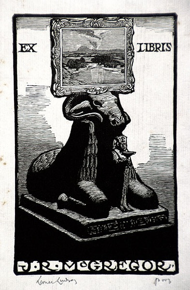 Artist: LINDSAY, Lionel | Title: Book plate: J.R. McGregor | Date: 1940 | Technique: wood-engraving, printed in black ink, from one block | Copyright: Courtesy of the National Library of Australia
