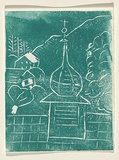Title: Card: [church in landscape] | Technique: linocut, printed in green ink, from one block