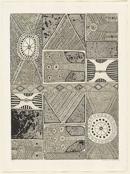Artist: RED HAND PRINT | Title: Jilamarra design | Date: 1998, 18 September | Technique: etching, line-etching, open bite and aquatint, printed in black ink, from one zinc plate
