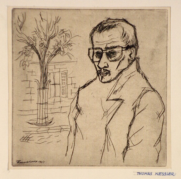 Artist: de KESSLER, Thomas | Title: Self-portrait. | Date: 1951 | Technique: etching and drypoint, printed in black ink with plate-tone, from one plate | Copyright: © Thomas de Kessler Artist: de KESSLER, Thomas | Title: Self-portrait. | Date: 1951 | Technique: etching and drypoint, printed in black ink with plate-tone, from one plate | Copyright: © Thomas de Kessler