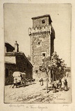 Artist: LINDSAY, Lionel | Title: A tower, Segovia | Date: c.1942 | Technique: etching, printed in brown ink with plate-tone, from one plate | Copyright: Courtesy of the National Library of Australia