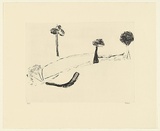 Artist: Murphey, Idris. | Title: Not titled [ambiguous landscape- three trees and one fallen tree]. | Date: 2002 | Technique: open-bite and aquatint, printed in black ink, from one plate