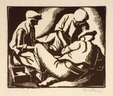 Artist: Hawkins, Weaver. | Title: (Three men playing cards) | Date: c.1930 | Technique: wood-engraving, printed in brown ink, from one block | Copyright: The Estate of H.F Weaver Hawkins