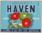 Artist: UNKNOWN | Title: Label: Tasmanian Haven apples | Date: c.1930 | Technique: lithograph, printed in colour, from multiple stones [or plates]