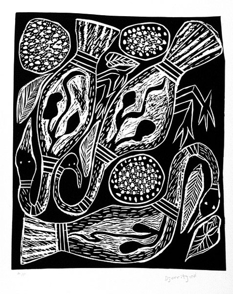 Artist: Djurritjini, Charlie. | Title: Magpie geese | Date: c.1992 | Technique: linocut, printed in black ink, from one block