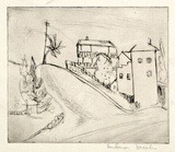 Artist: Brash, Barbara. | Title: (Village with palm and telegraph pole). | Date: 1950s | Technique: drypoint, printed with plate-tone in brown ink, from one plate