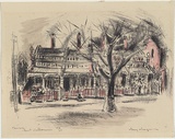 Artist: MACQUEEN, Mary | Title: Terrace, East Melbourne | Date: 1956 | Technique: lithograph, printed in black ink, from one plate; hand-coloured | Copyright: Courtesy Paulette Calhoun, for the estate of Mary Macqueen